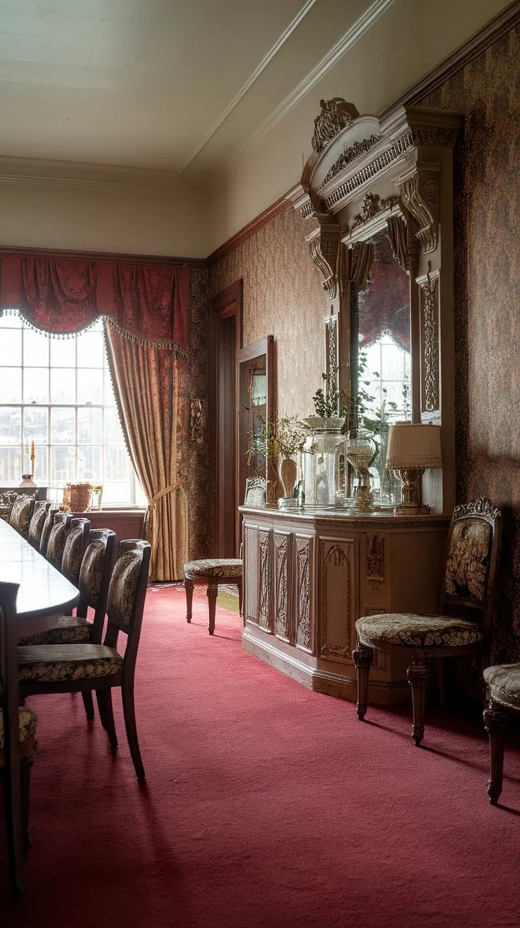 A grand Victorian dining room exudes timeless sophistication through its rich textures and detailed decor.