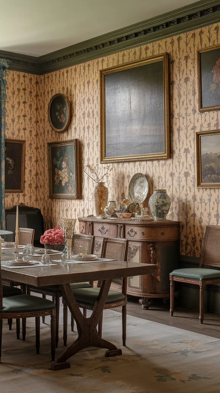 A vintage Victorian dining room, adorned with floral wallpaper, paintings, and a richly decorated buffet, exudes traditional elegance.