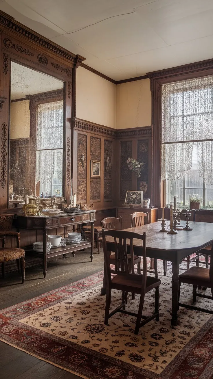 Elegant Victorian woodwork and rich furnishings create a captivating dining room ambiance