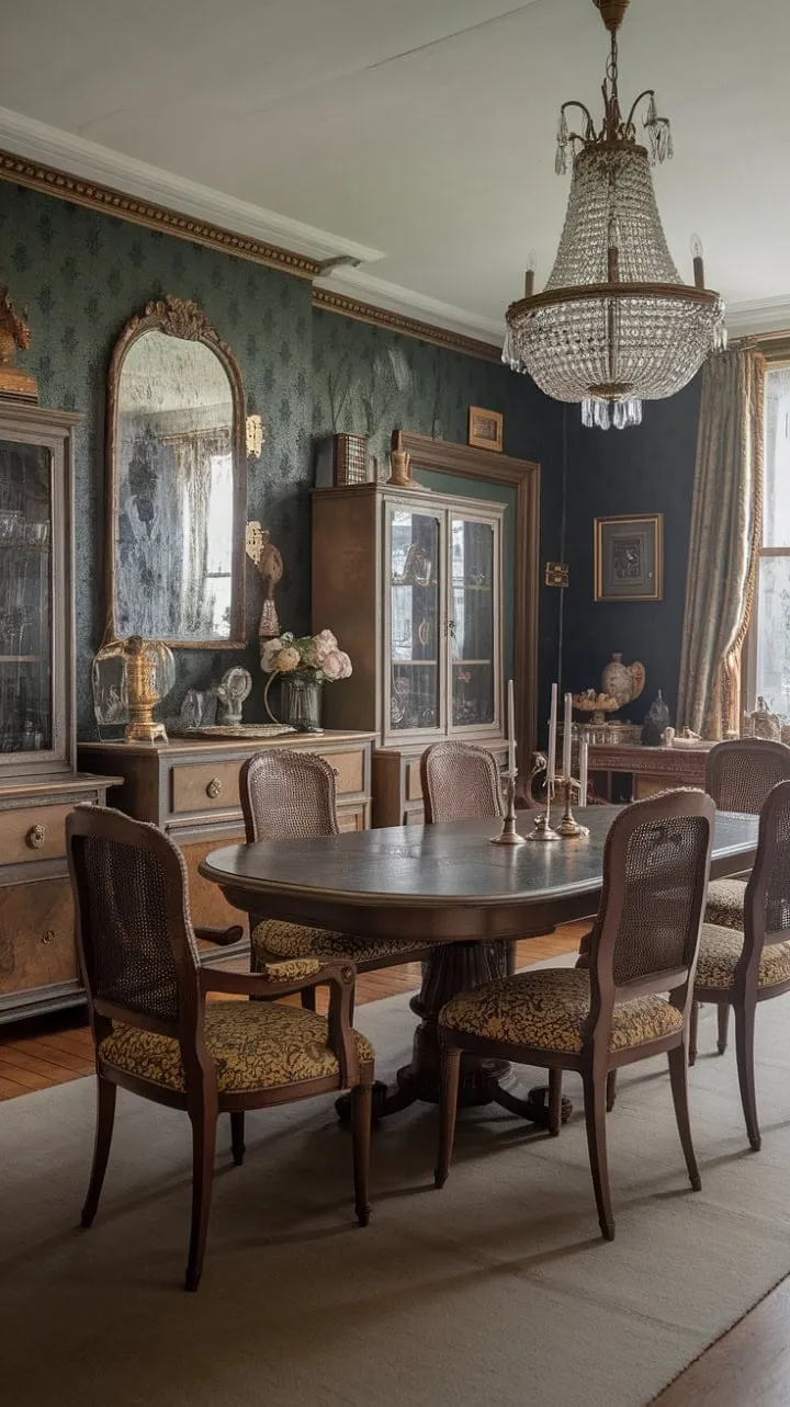 In a lavish Victorian dining room draped in emerald and gold, an exquisite dinner party unfolds, epitomizing timeless elegance and sophistication.