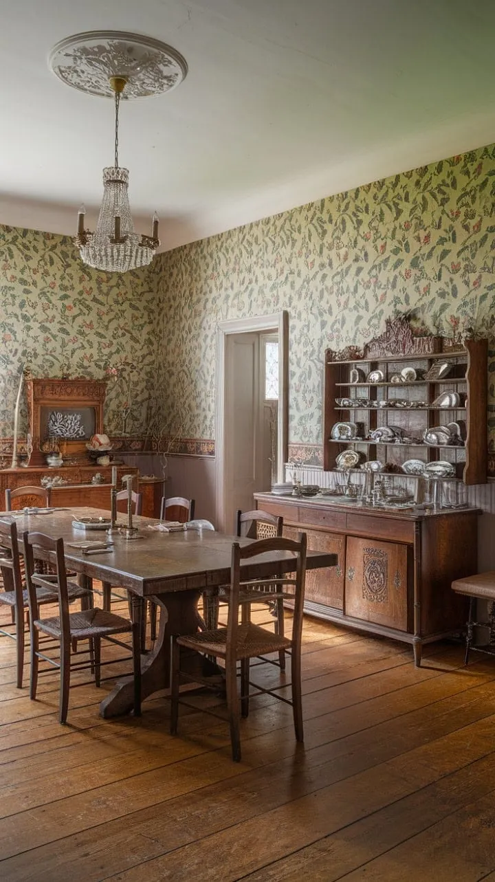 In this Victorian dining room, opulent wood, gleaming silverware, and captivating wallpaper unite under a grand chandelier to create an enchanting sensory feast.