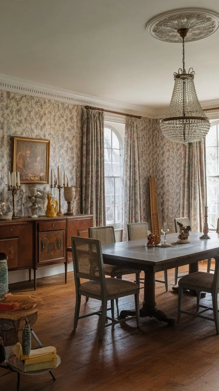 In a Victorian dining room adorned with intricate floral wallpaper and a shimmering chandelier, the echoes of laughter and whispers weave a tapestry of refined nostalgia.