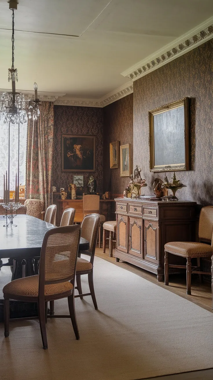Opulent Victorian wallpaper and a grand chandelier illuminate a formal dining scene.