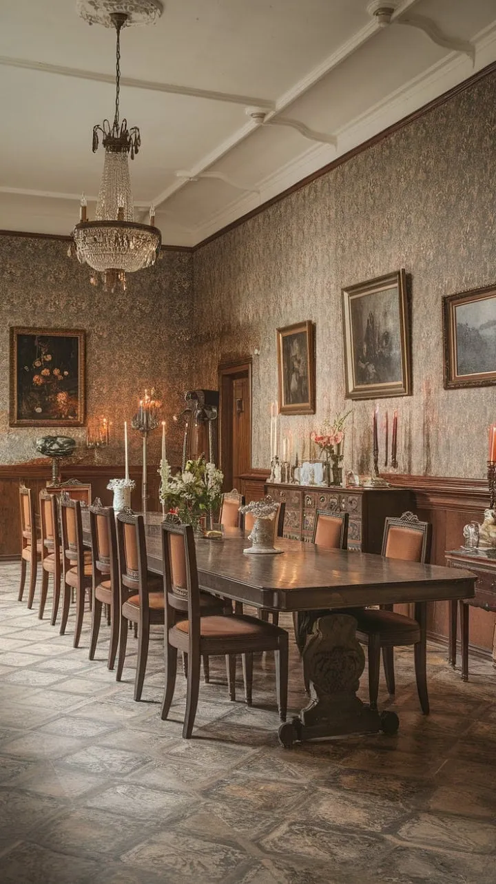 This Victorian dining room radiates opulent elegance, blending floral wallpaper and ornate chandeliers into a captivating tapestry of timeless grace.
