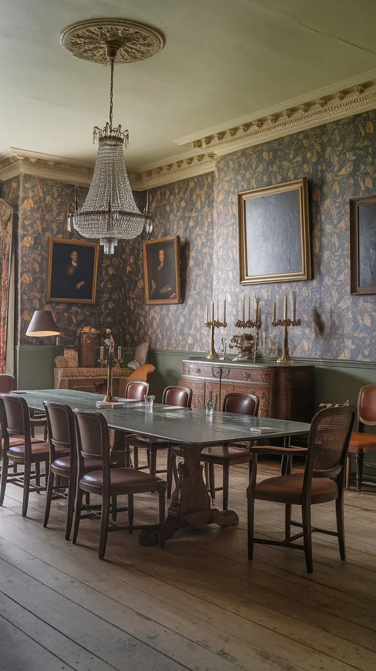 A grand Victorian dining room, complete with floral wallpaper, a chandelier, and portraits, evokes a timeless elegance.