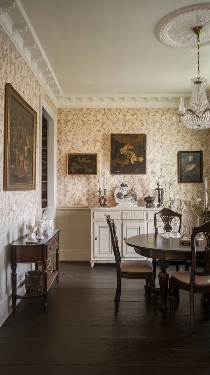 This Victorian dining room exudes timeless elegance with its rich dark wood, delicate floral wallpaper, and a sparkling chandelier, creating a harmonious blend of history and grandeur.