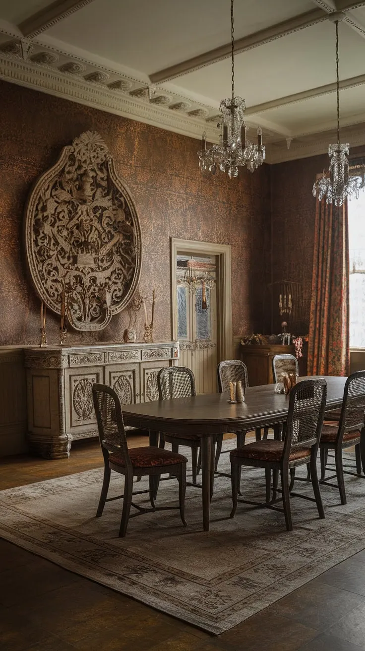 A grand Victorian dining room, replete with ornate buffet, patterned floors, intricate wallpaper, and shimmering chandeliers, evokes a timeless elegance.
