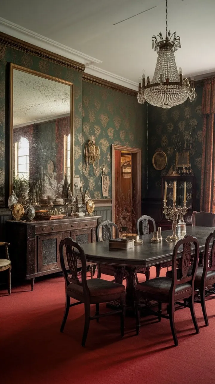 This Victorian dining room exudes timeless elegance, where dark green walls and a mahogany table are beautifully complemented by a dazzling chandelier and luxurious gold accents on a plush red carpet.