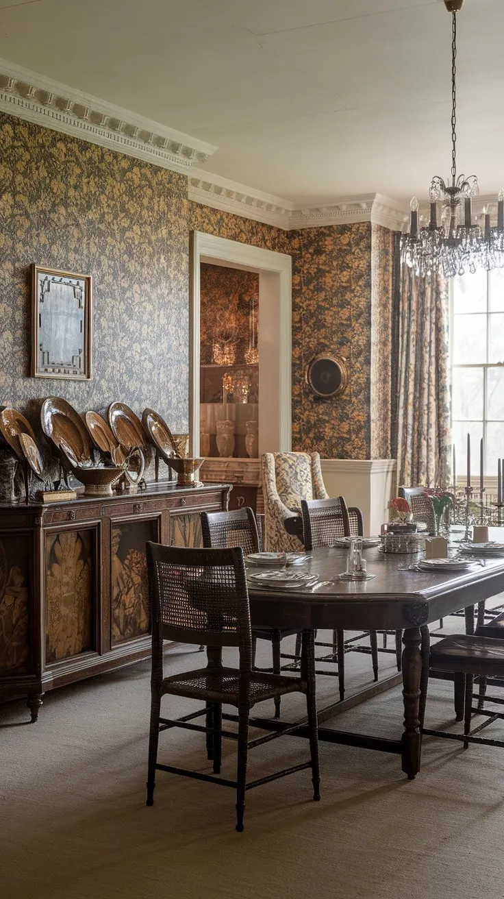 Elegant Victorian dining room décor showcases a grand table, ornate buffet, and floral wallpaper, creating a timeless atmosphere