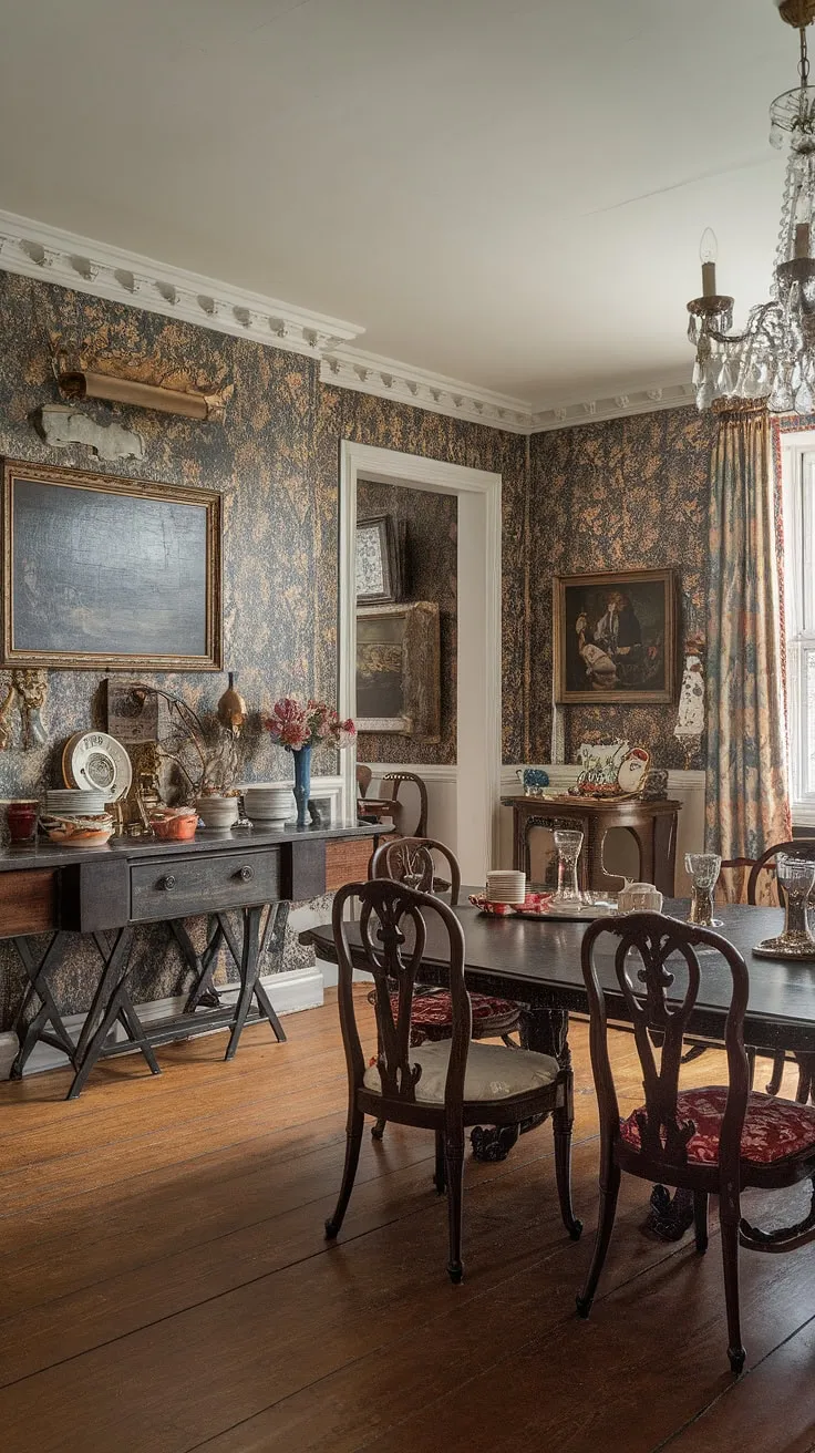 A grand Victorian dining room's vintage charm is evident in its dark wood furnishings, floral wallpaper, and ornate chandelier.
