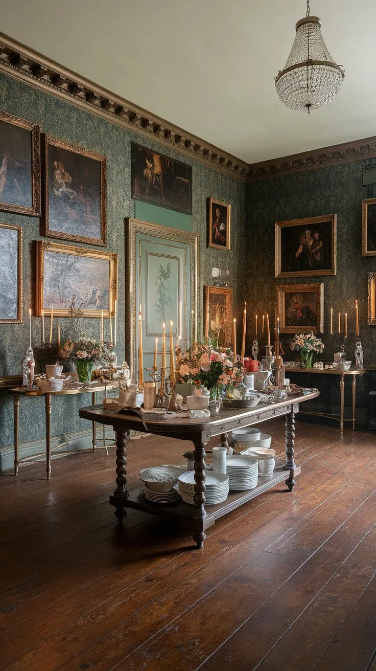 Opulent Victorian elegance fills a dark green dining room, highlighted by gold accents and a lavishly set buffet.
