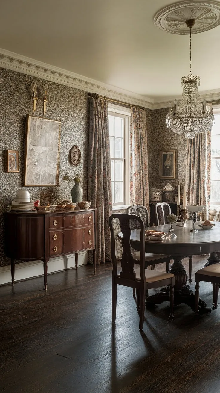 Elegant Victorian dining room evokes a timeless atmosphere of refined tradition