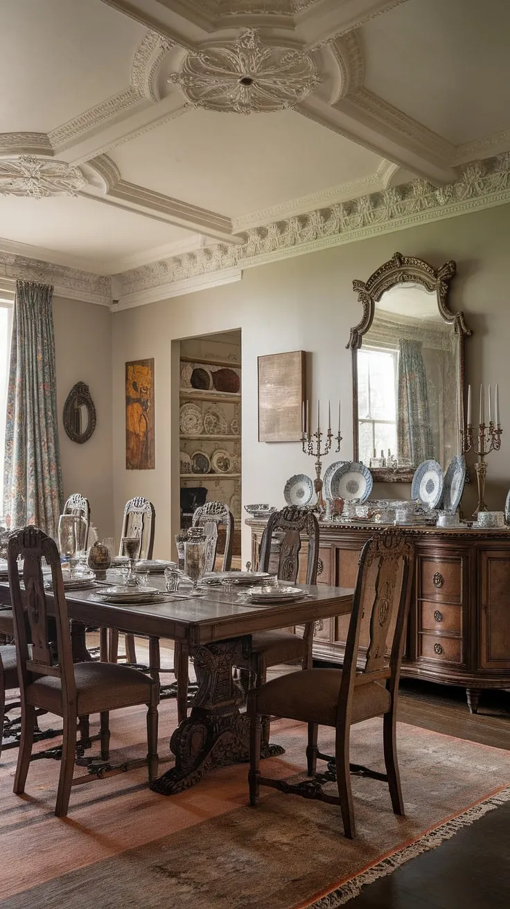 Elegant Victorian details adorn a grand dining room, showcasing a timeless atmosphere