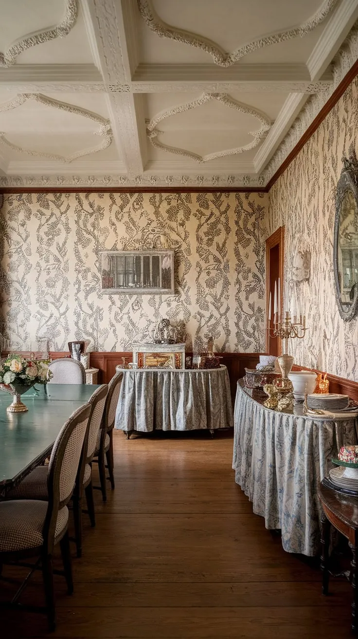 Elegant Victorian dining room décor showcases intricate plasterwork, grapevine wallpaper, and a lavish buffet setting