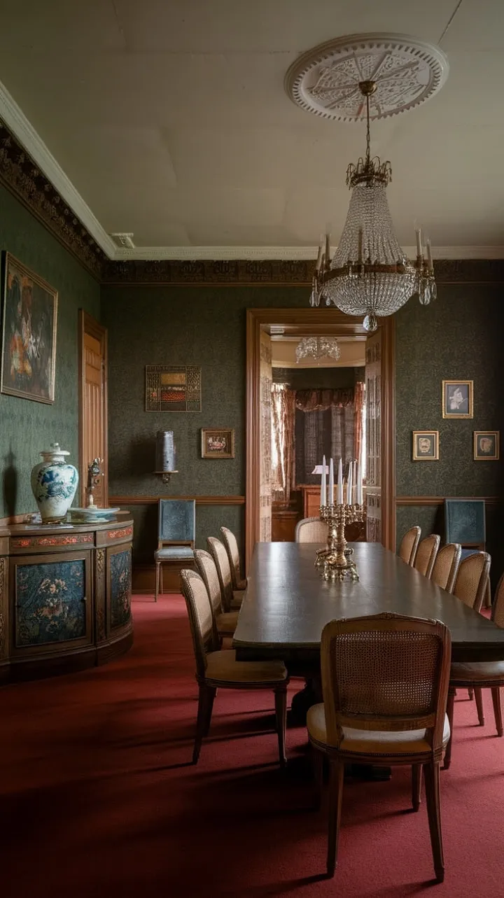 In a lavish Victorian dining room adorned with dark green walls and gold accents, elegance and timeless grandeur converge to create an enchanting atmosphere for sophisticated gatherings.