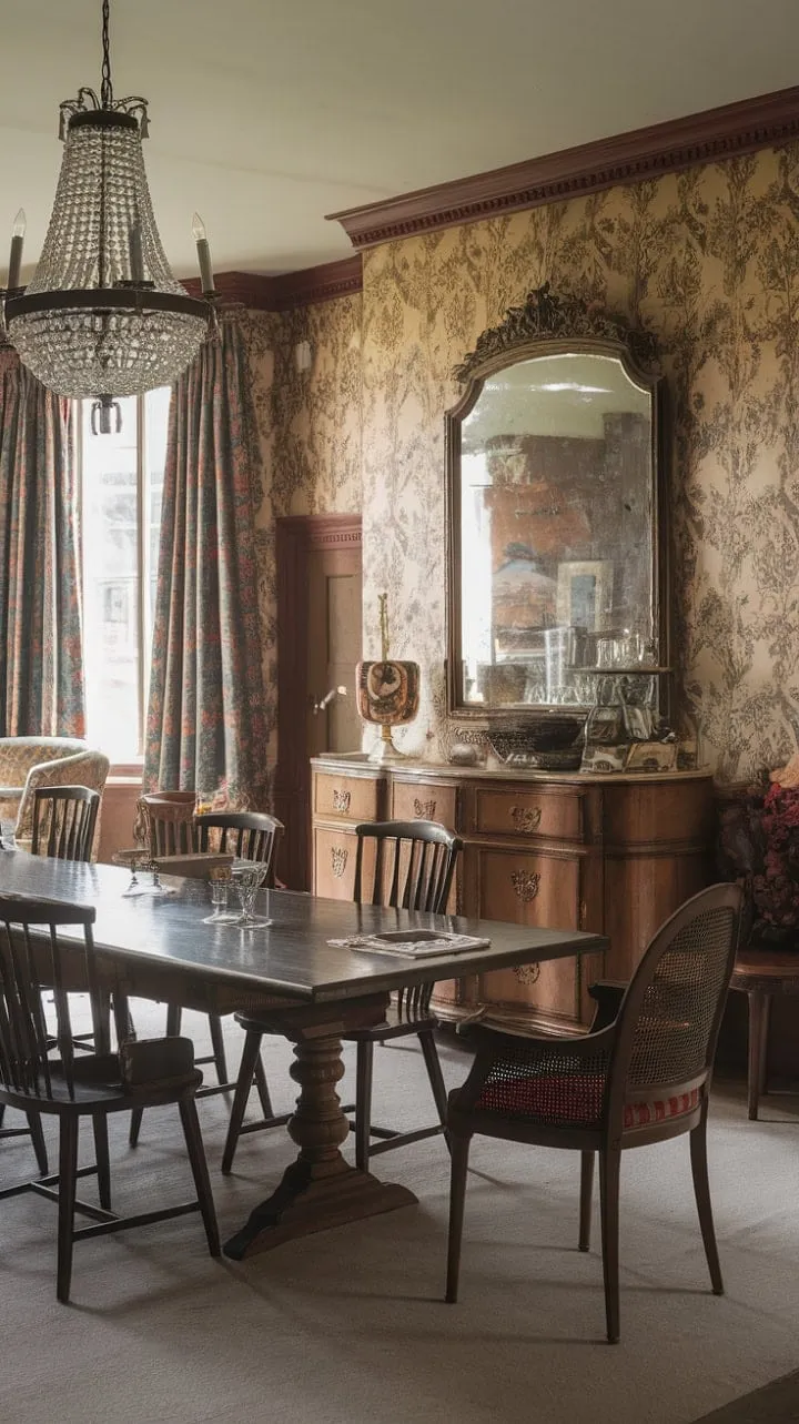 In this Victorian dining room, rich wood and floral wallpaper harmonize under a shimmering chandelier, creating an inviting space for elegant gatherings steeped in history.