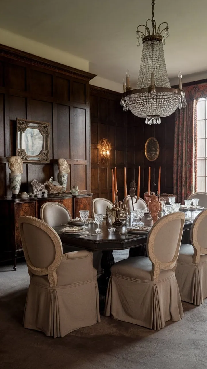 This Victorian dining room, with its rich dark wood, dazzling crystal, and luxurious fabrics, exudes a nostalgic elegance that beckons guests to indulge in timeless festivities.