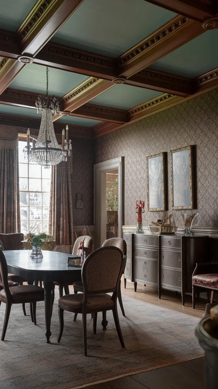 This Victorian dining room captivates with its exquisite woodwork, dazzling chandelier, and luxurious textures, embodying an atmosphere of timeless elegance and grandeur.