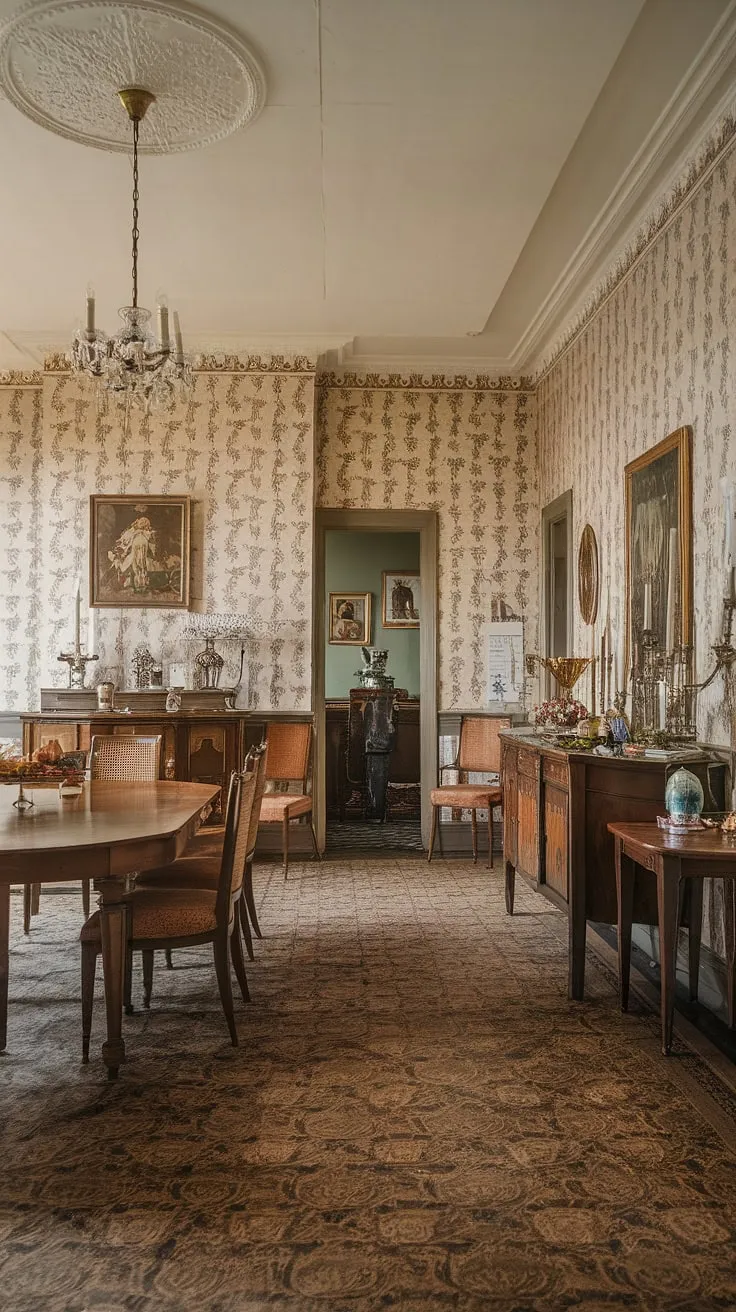 A vintage Victorian dining room's rich wallpaper, chandelier, and patterned floor create an atmosphere of refined elegance.