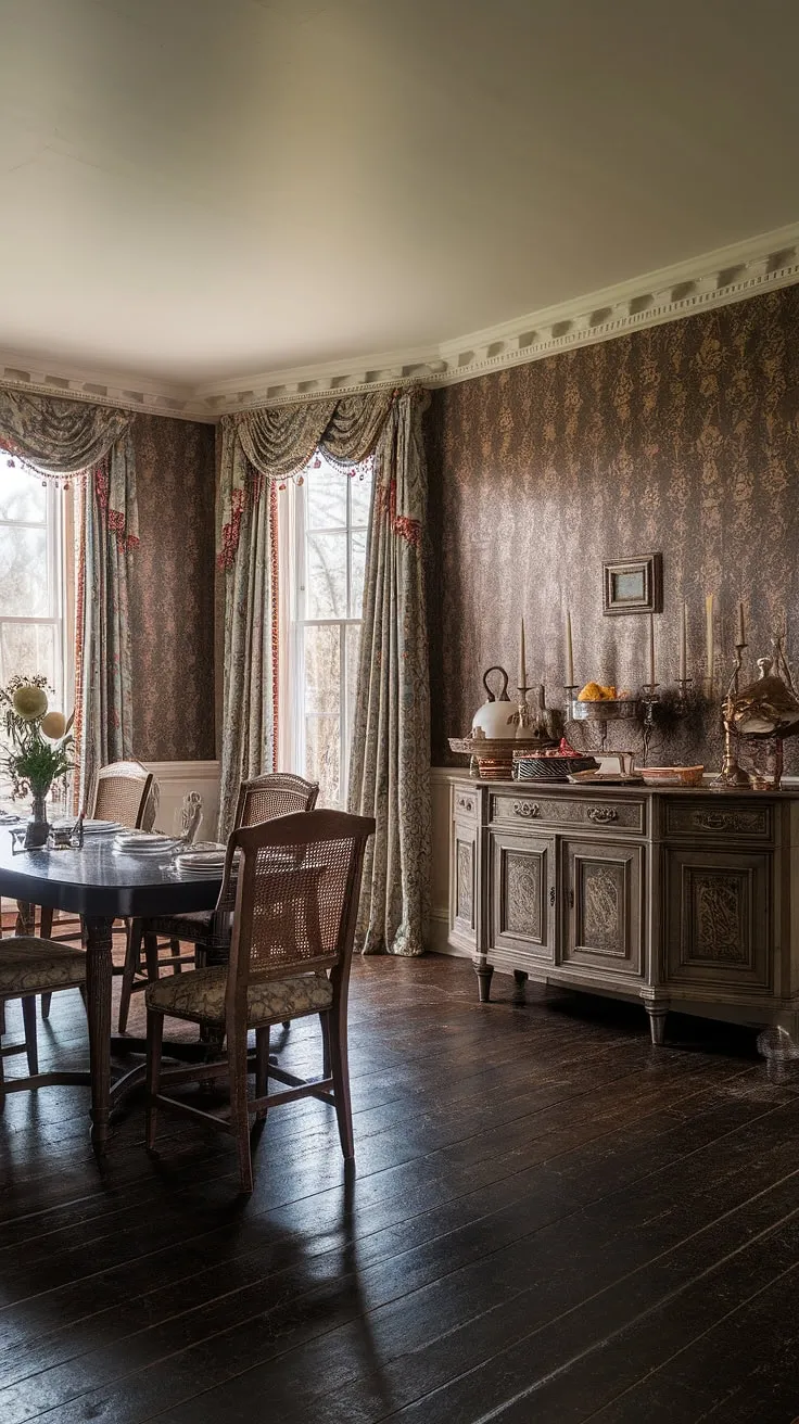 Elegant Victorian dining room décor evokes a warm and inviting atmosphere