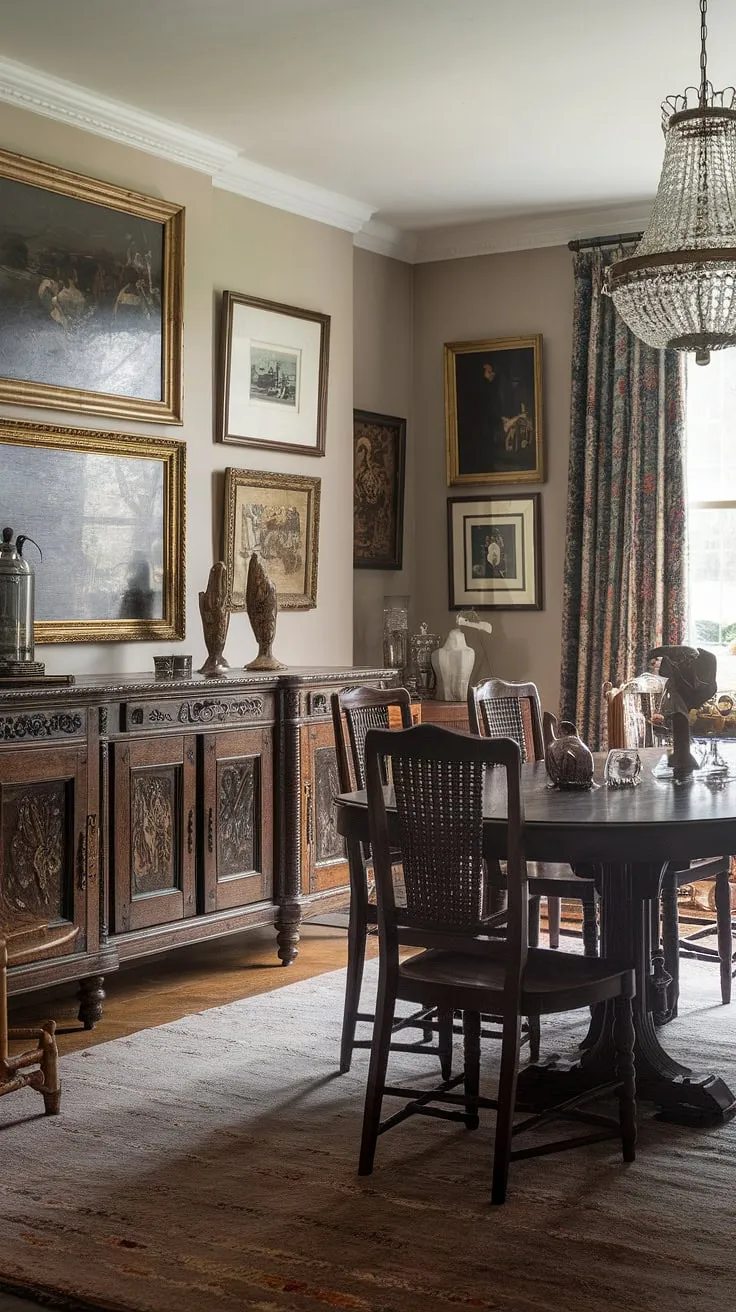A dark wood table and ornate carvings define this richly appointed Victorian dining room.