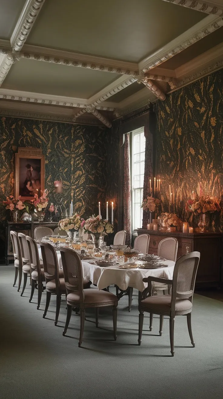 Opulent golden leaf wallpaper and ornate detailing create a lavish Victorian dining experience