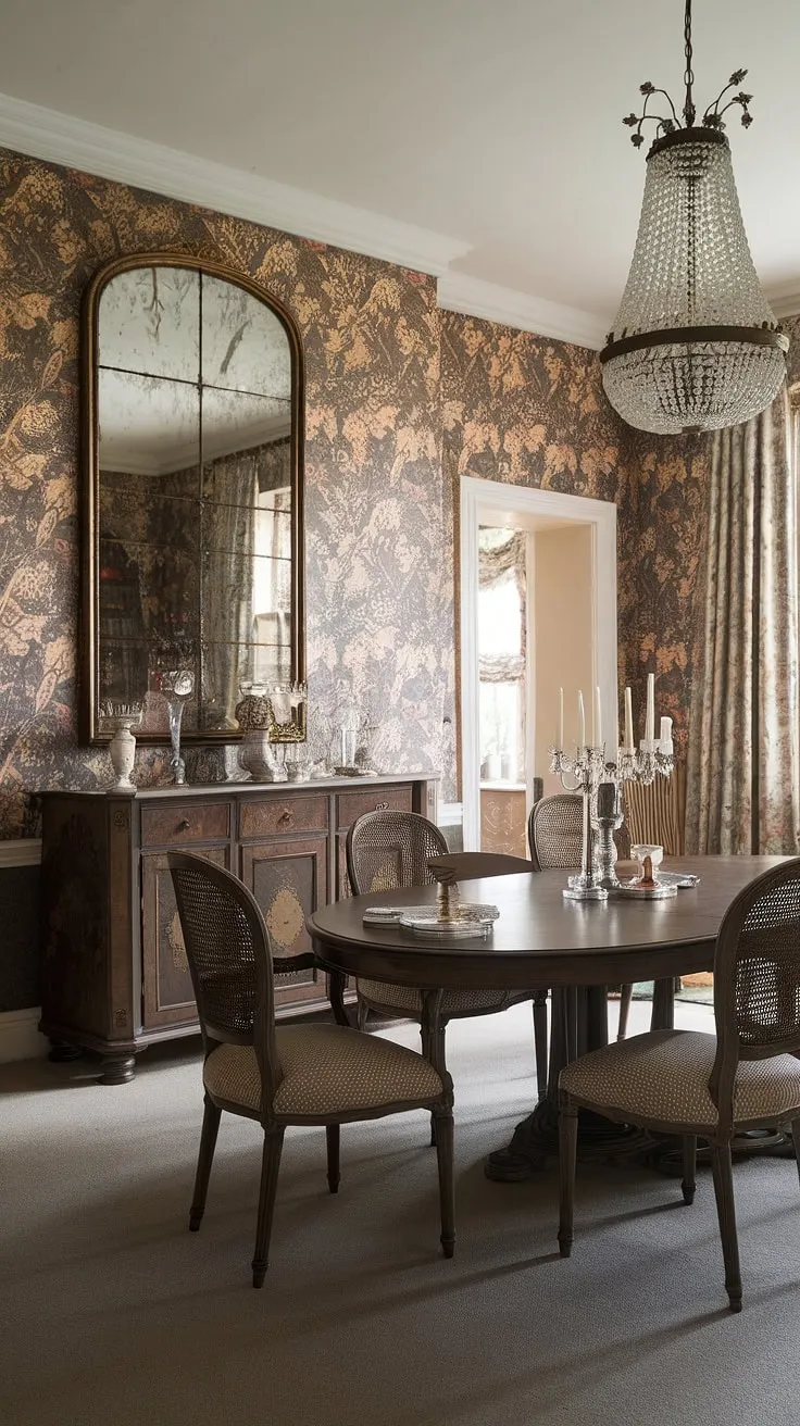 A chandelier illuminates a lavish Victorian dining room, its floral wallpaper and antique furnishings exuding refined charm