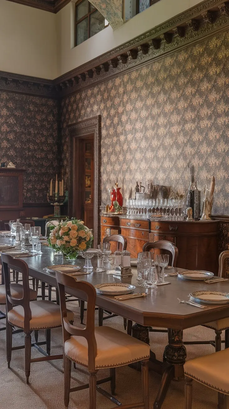 Elegant Victorian dining room décor showcases fine china and ornate woodwork