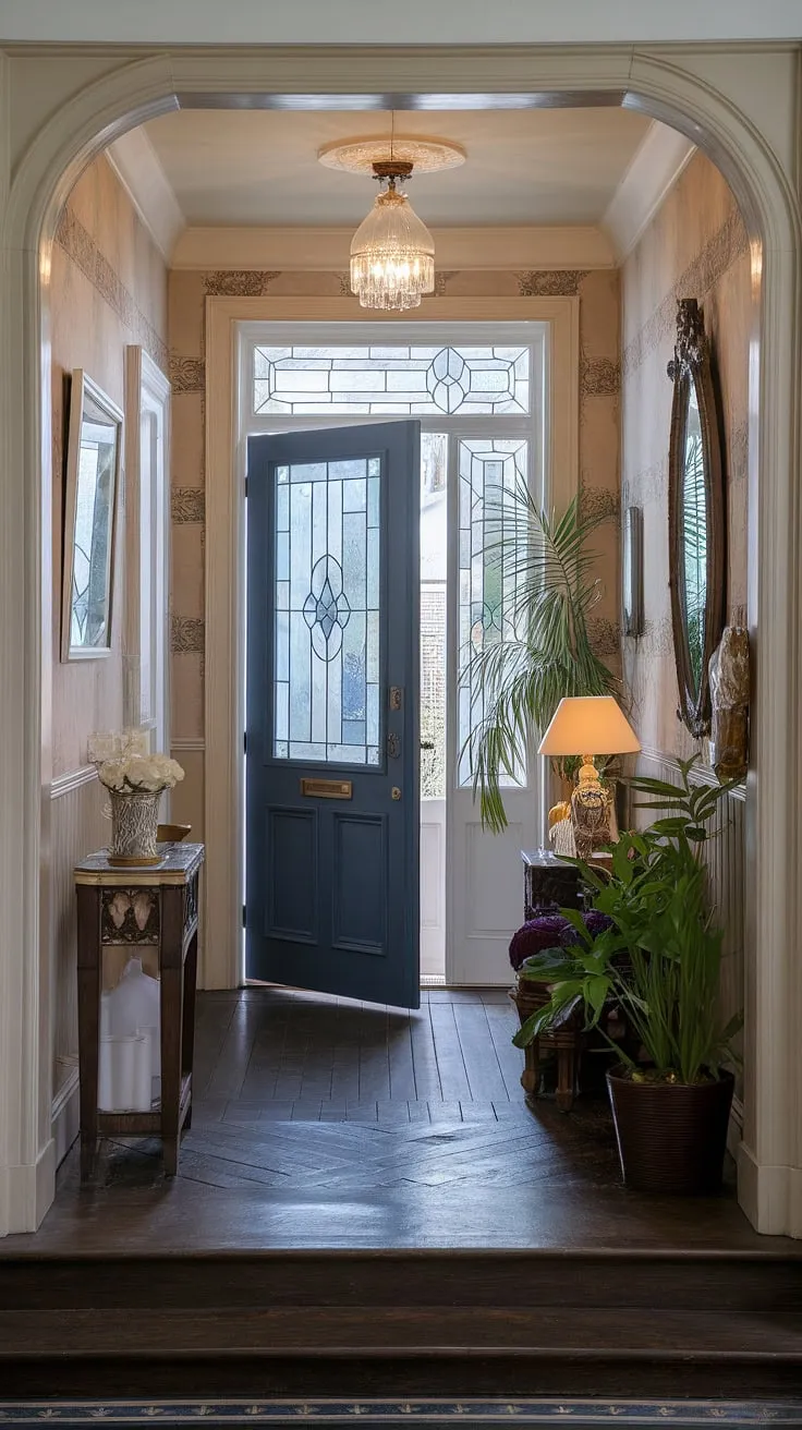 Step into a world of timeless elegance. The grandeur of this Victorian entrance hall, with its deep blue door, intricate woodwork, and shimmering chandelier, whispers tales of bygone eras. A captivating blend of history and style, perfectly captured in this image. A testament to architectural artistry, a haven of tranquility, and a space where memories are made.