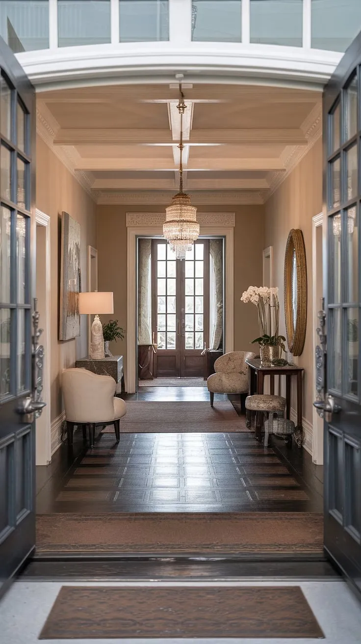 The grandeur of this Victorian entryway is breathtaking. From the intricate details of the architecture to the rich, dark wood floors and the shimmering chandelier, every element speaks to a bygone era of refined taste. The welcoming doormats hint at the comfort and hospitality that awaits within. A truly captivating space.
