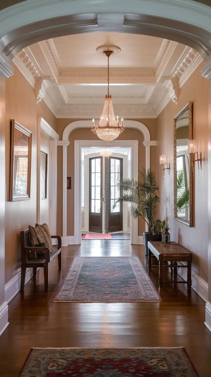A breathtaking Victorian entryway, bathed in soft light. The grandeur of the high ceilings and intricate moldings is perfectly complemented by the rich textures of the wooden floors and patterned rug. A comfortable bench and potted plant add a touch of welcoming warmth. A testament to classic design and enduring style. A stunning example of architectural detail.