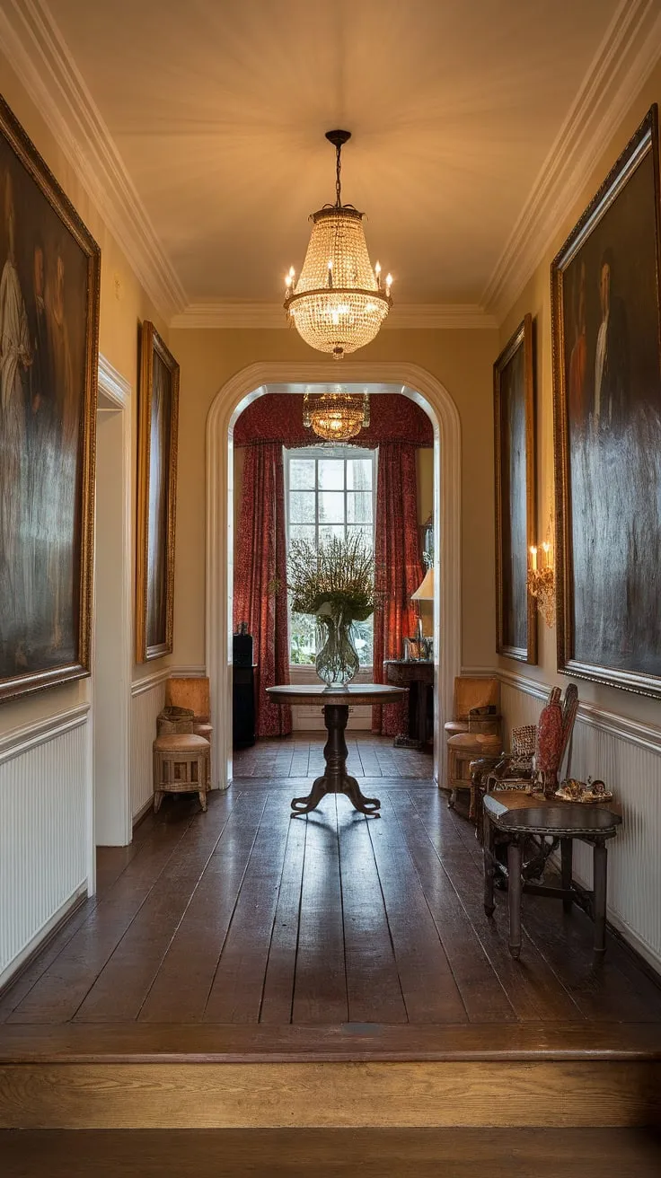 Step into a world of timeless elegance. The warm glow of the chandelier illuminates the rich wood floors and historical paintings, creating an atmosphere of refined comfort. A simple vase of flowers adds a touch of modern grace to this perfectly preserved Victorian entryway. A testament to enduring style.