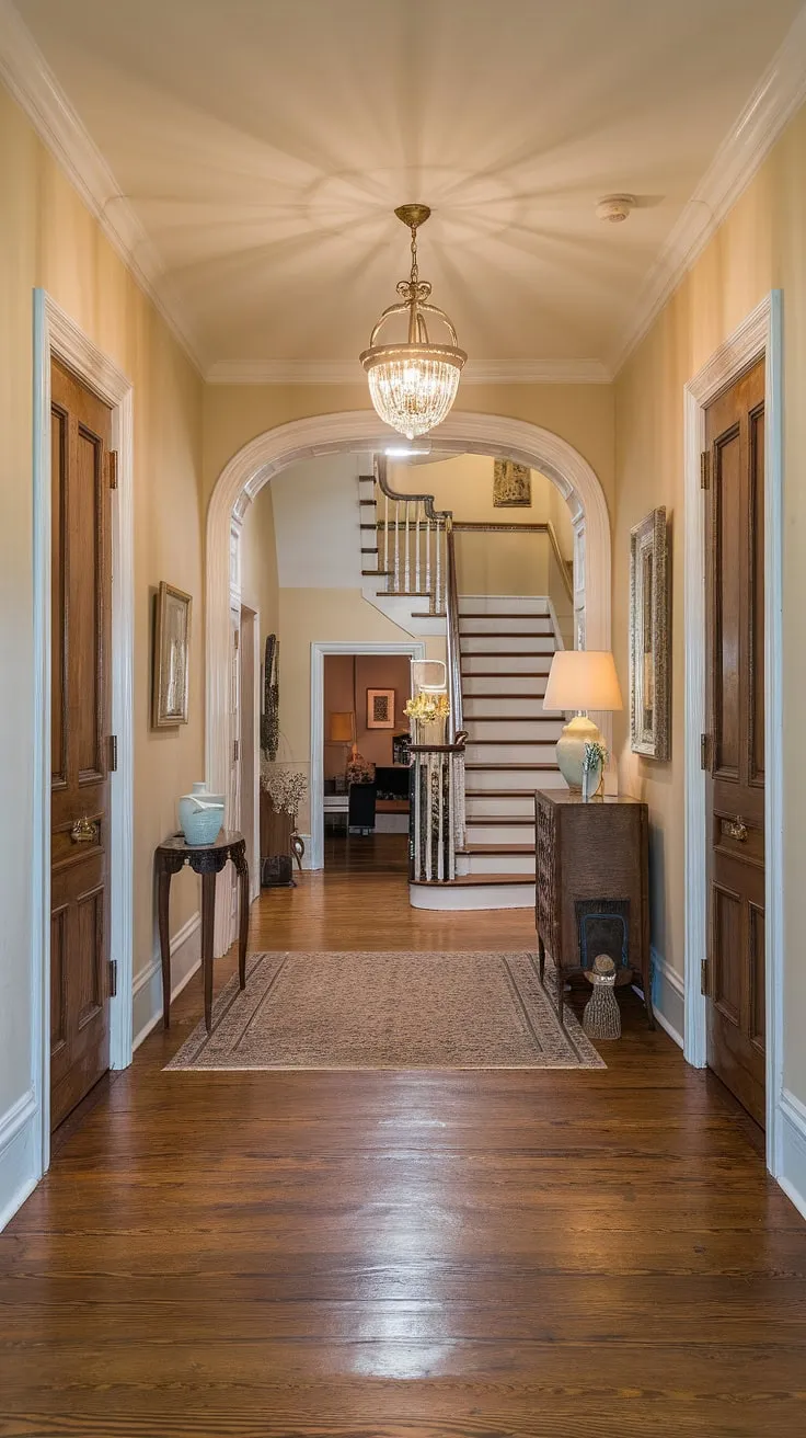 Step into a world of timeless elegance. This Victorian entrance hall, with its gleaming wooden floors, ornate chandelier, and inviting ambiance, whispers tales of bygone eras. The carefully chosen furniture and decorative accents create a space that is both grand and welcoming, a true testament to refined living. A perfect blend of history and comfort awaits.
