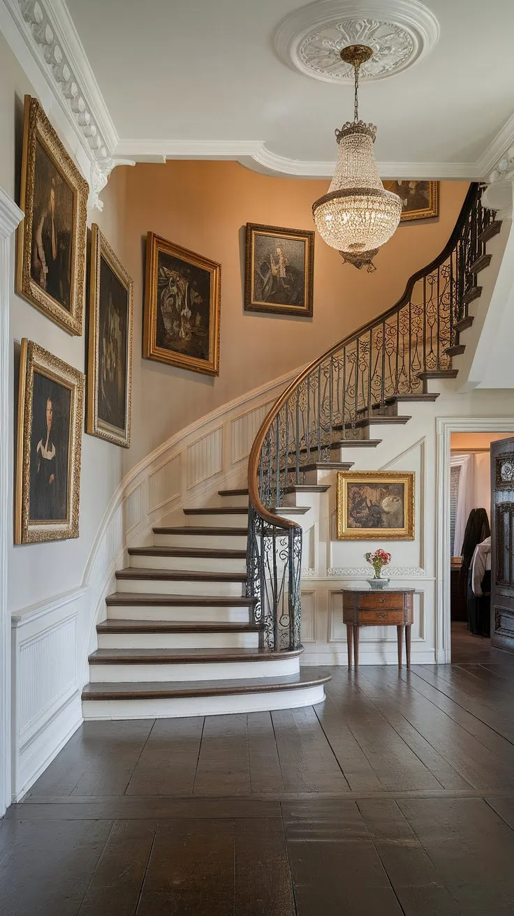 Step into a world of timeless elegance. The grandeur of this Victorian entrance hall, with its ornate staircase, golden-framed paintings, and shimmering chandelier, is truly breathtaking. A testament to a bygone era, this space whispers stories of lavish gatherings and cherished memories. A perfect blend of history and sophisticated design.