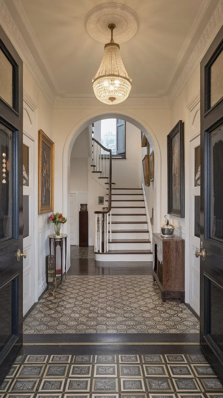 A symphony of architectural detail and refined taste. This Victorian entrance hall, with its high ceilings, ornate chandelier, and meticulously patterned floors, is a testament to the artistry of a bygone era. A captivating space, filled with the promise of untold stories, awaits your exploration. A truly magnificent sight.