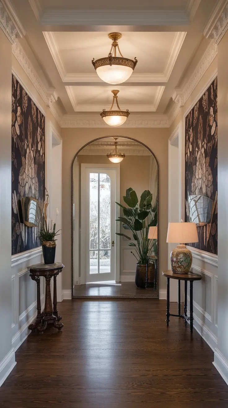 Step into a world of timeless elegance. The grandeur of this Victorian entrance hall, with its ornate detailing, shimmering chandelier, and reflective surfaces, creates an atmosphere of sophisticated charm. A perfect blend of history and style, it's a space where every detail speaks volumes. A truly captivating entryway.