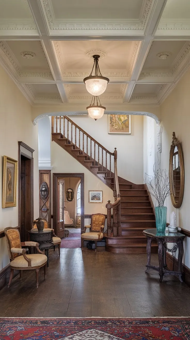 Step into a world of timeless elegance. This Victorian entrance hall, with its soaring ceilings, intricate woodwork, and captivating artwork, whispers tales of bygone eras. The grandeur is undeniable; a testament to a refined past.