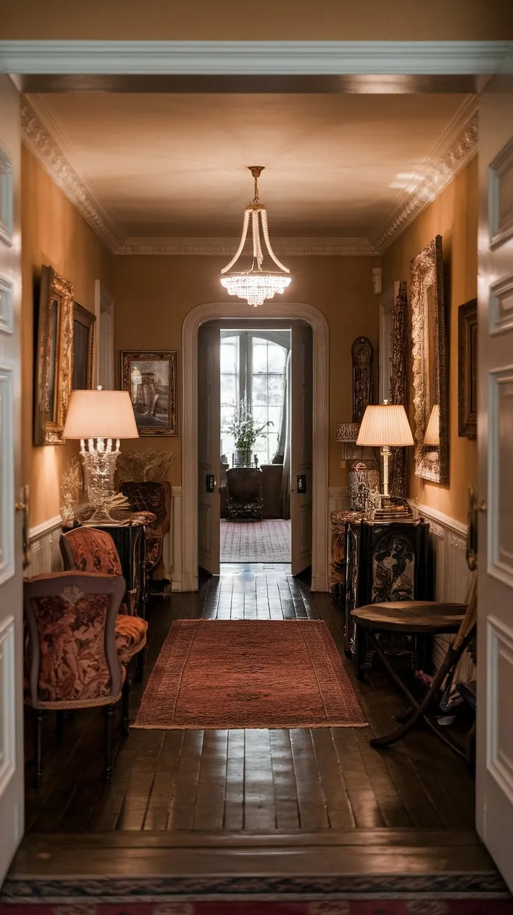 A captivating glimpse into a Victorian dream. The richly detailed furniture, the shimmering chandelier, and the carefully curated artwork all contribute to the hall's undeniable charm. A sense of history permeates every corner, inviting you to linger and imagine the lives lived within these walls. A space where elegance meets comfort, and the past feels intimately present.