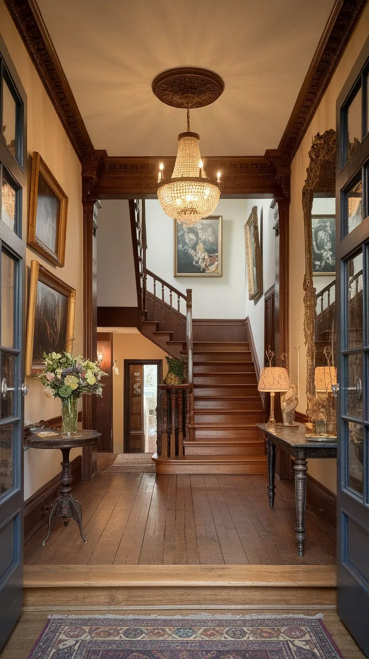 The grandeur of this Victorian entryway is breathtaking. A magnificent chandelier illuminates the polished wooden floors and the elegant staircase, while framed artwork and a large mirror add to the room's refined ambiance. A simple vase of flowers on the entry table completes the scene, adding a touch of nature to this opulent space. A perfect blend of history and modern comfort.