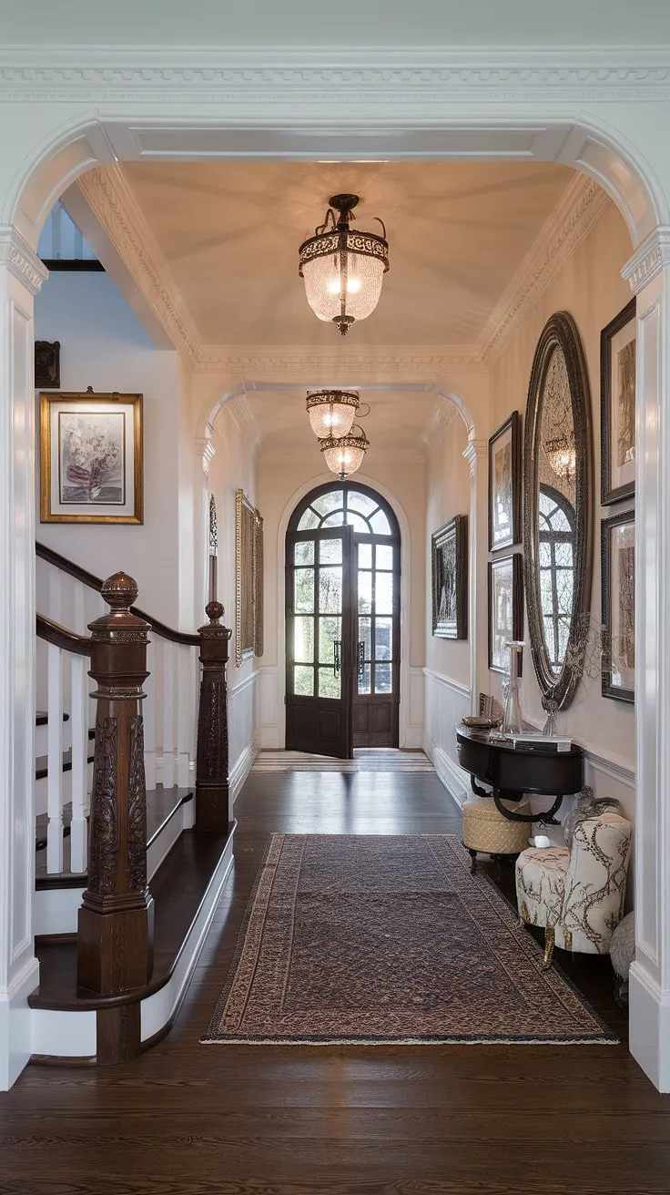 A symphony of dark wood and shimmering light defines this magnificent Victorian entryway. The ornate details, from the meticulously carved banister to the elegantly framed artwork, create an atmosphere of sophisticated charm. A perfect example of classic design, this hall invites you to linger and admire its timeless beauty. A truly unforgettable space.