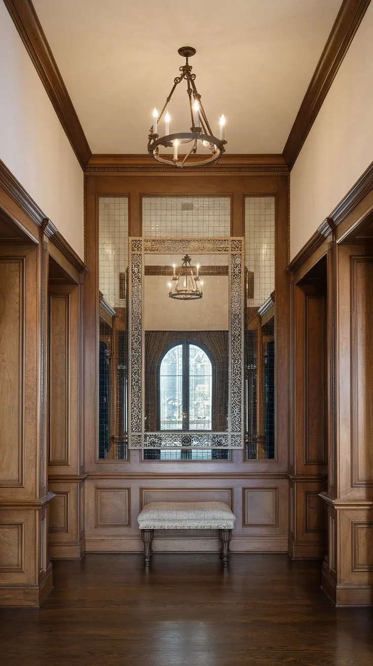 Step into a world of timeless elegance. The grandeur of this Victorian entrance hall, with its high ceilings, rich wood paneling, and shimmering chandelier, is breathtaking. A magnificent ornate mirror reflects the hall's beauty, adding depth and a sense of A. regal sophistication.