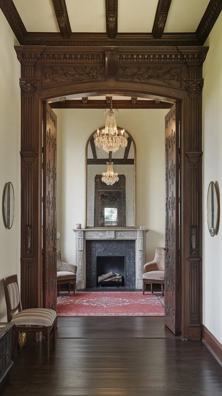 A breathtaking Victorian entrance hall, where light dances off the polished wood and the ornate carvings tell a story of craftsmanship. The rich red rug, the gleaming fireplace reflected in the large mirror, and the comfortable seating create a welcoming and luxurious ambiance. A perfect blend of history and comfort, this is a space designed for lasting impressions. A truly magnificent home.