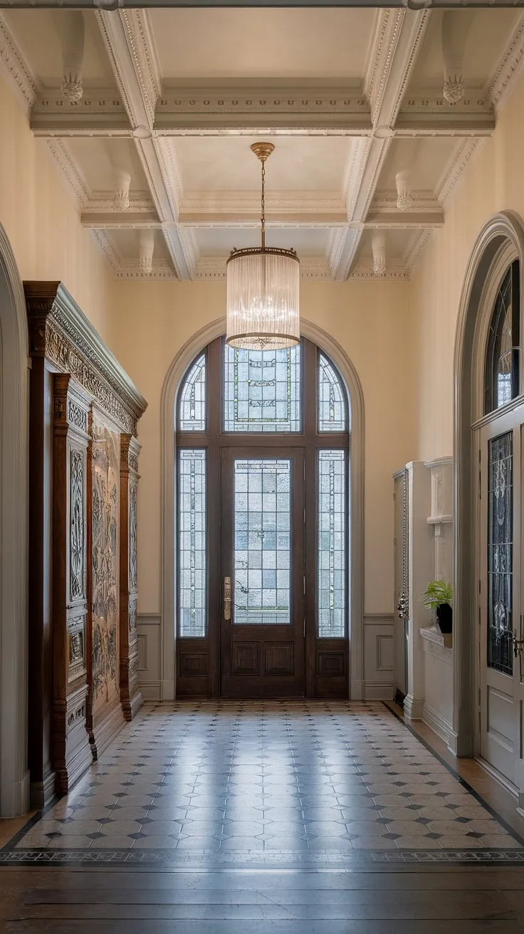 A symphony of light and shadow dances across the black and white checkered floor, illuminating the ornate carvings and the breathtaking stained-glass window. This Victorian entrance hall, with its high ceilings and magnificent chandelier, is a breathtaking example of architectural artistry, a true masterpiece of its era.