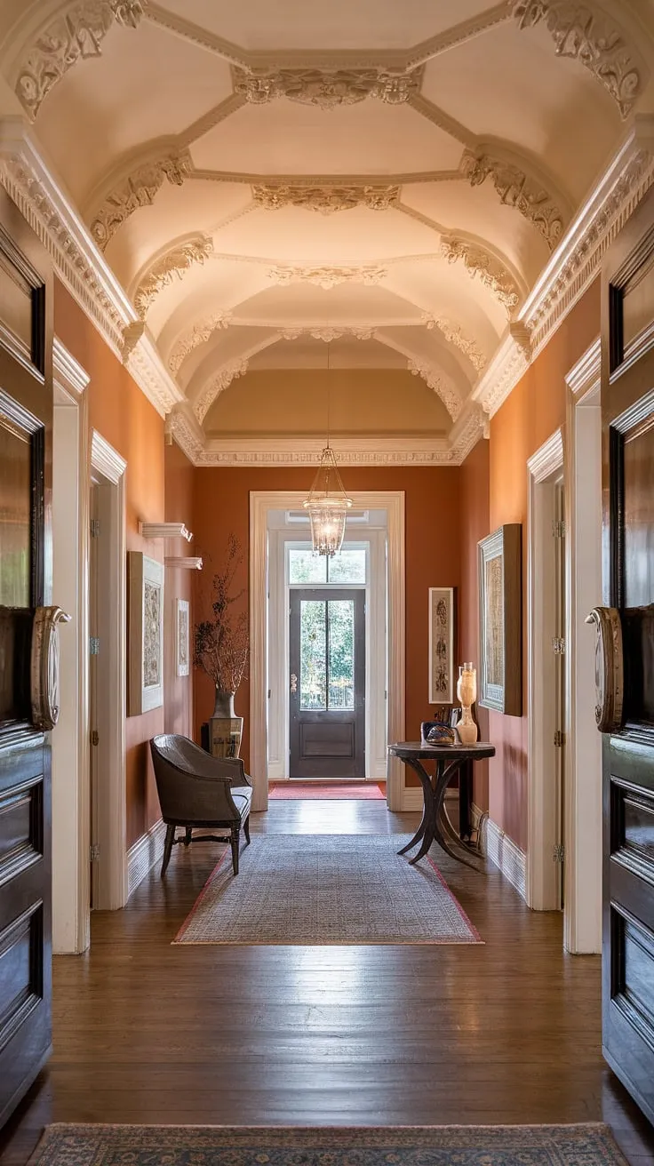 Step into a world of timeless elegance. This Victorian entrance hall, with its high ceilings, ornate plasterwork, and warm hues, welcomes you home. A sense of history and refined taste permeates every detail, from the rich wood floors to the strategically placed furniture. A truly captivating space.