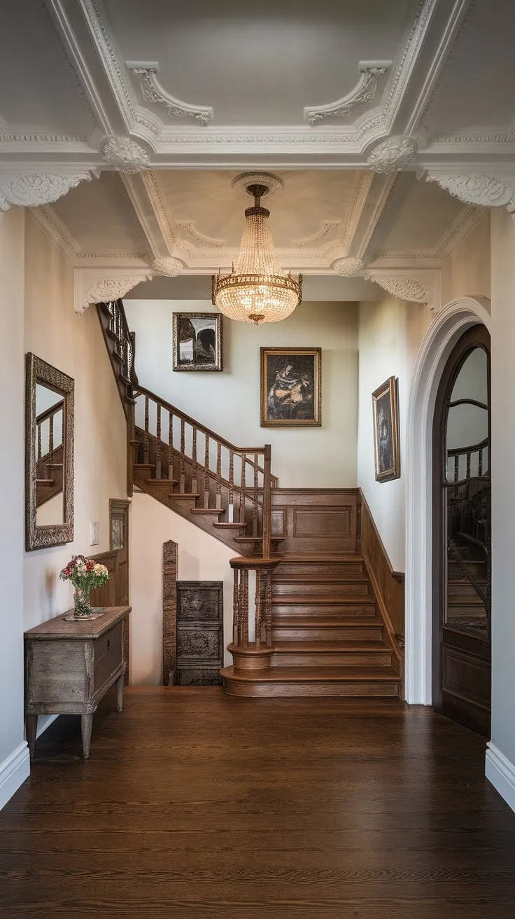 Step into a world of timeless elegance. The grandeur of this Victorian hallway, with its intricate moldings, sweeping staircase, and shimmering chandelier, evokes a sense of history and refined taste. A testament to a bygone era, this space whispers stories of generations past. A truly captivating scene, a perfect blend of architectural detail and refined living.