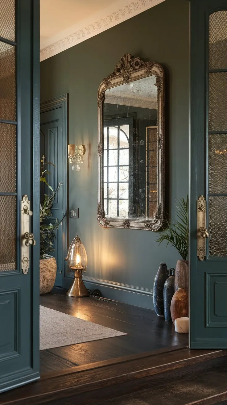 A captivating glimpse into a Victorian dream. The rich, dark green hues of the walls and door are beautifully complemented by the gleaming gold accents and the ornate mirror, reflecting a sense of grandeur. A vintage lamp casts a warm glow, enhancing the hall's inviting atmosphere and showcasing the meticulous attention to detail. A truly stunning entrance.