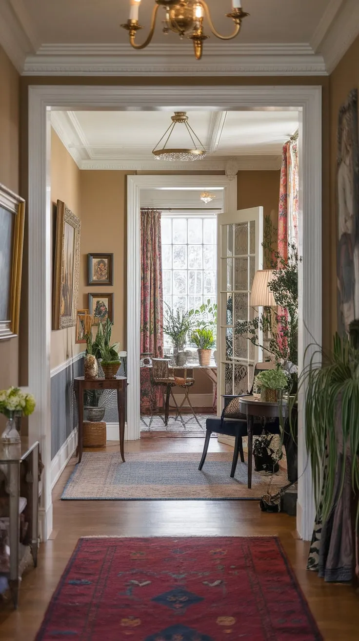The grandeur of this Victorian entryway is breathtaking. From the shimmering chandelier to the meticulously chosen artwork and plush rug, every detail speaks to a bygone era of sophistication. The inviting seating area, complete with a stylish lamp and a strategically placed mirror, invites you to linger and appreciate the artistry of this stunning space. A true masterpiece of design.