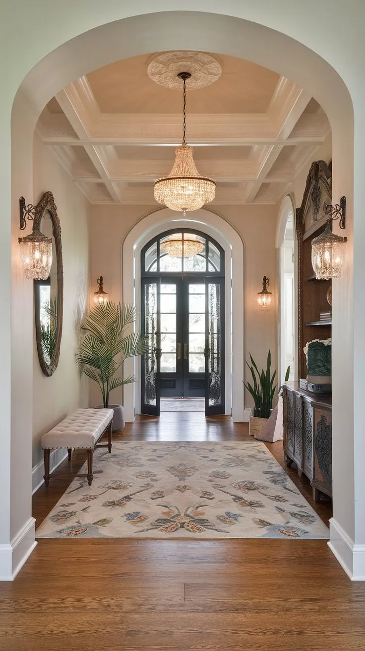 The grandeur of this Victorian entryway is breathtaking. High ceilings, intricate detailing, and a magnificent chandelier create a sense of awe. A plush bench and vibrant plant add a touch of modern comfort to this historically rich space. A perfect blend of old-world charm and contemporary elegance.