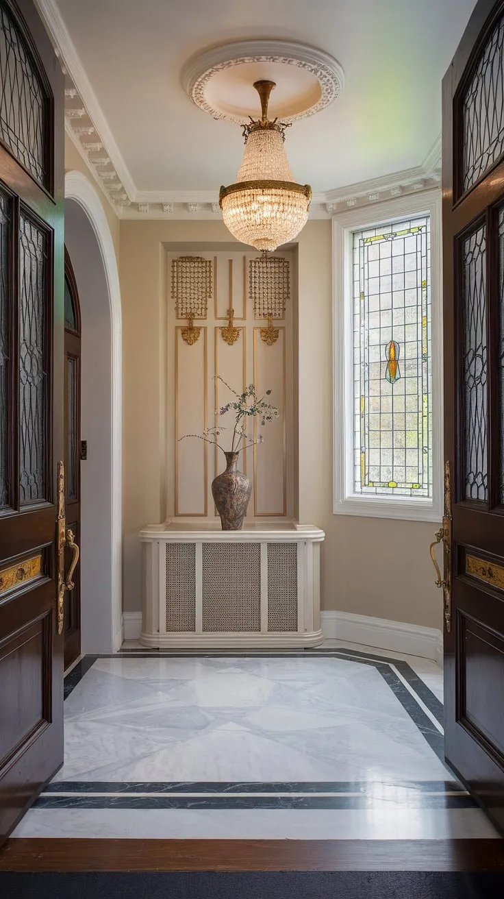 Step into a world of timeless elegance. The grandeur of this Victorian entrance hall, with its marble floors, shimmering chandelier, and exquisite stained-glass window, is simply breathtaking. A testament to a bygone era of refined taste and meticulous craftsmanship, this space whispers stories of opulent gatherings and cherished memories. A truly captivating scene.