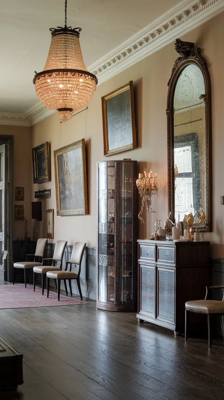 A breathtaking Victorian entryway, where history and style intertwine. The ornate chandelier casts a warm glow upon the rich wood floors and antique furnishings. A perfect blend of classic design and modern comfort, this hall is a captivating glimpse into a world of refined living. A space that whispers stories of generations past.
